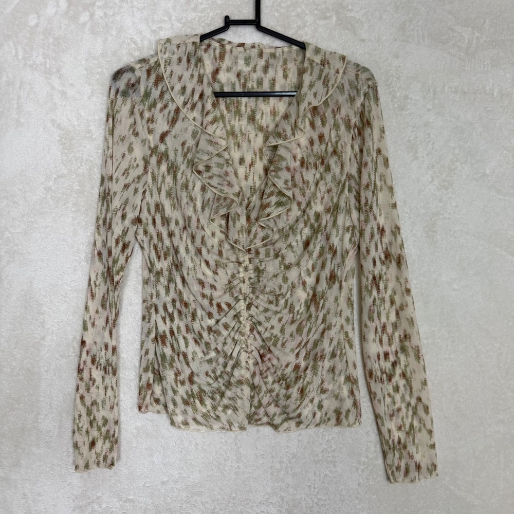 Sheer Mesh Ruched Blouse Ruffle Collar Earth Tone Soft Cottagecore Romantic Smal